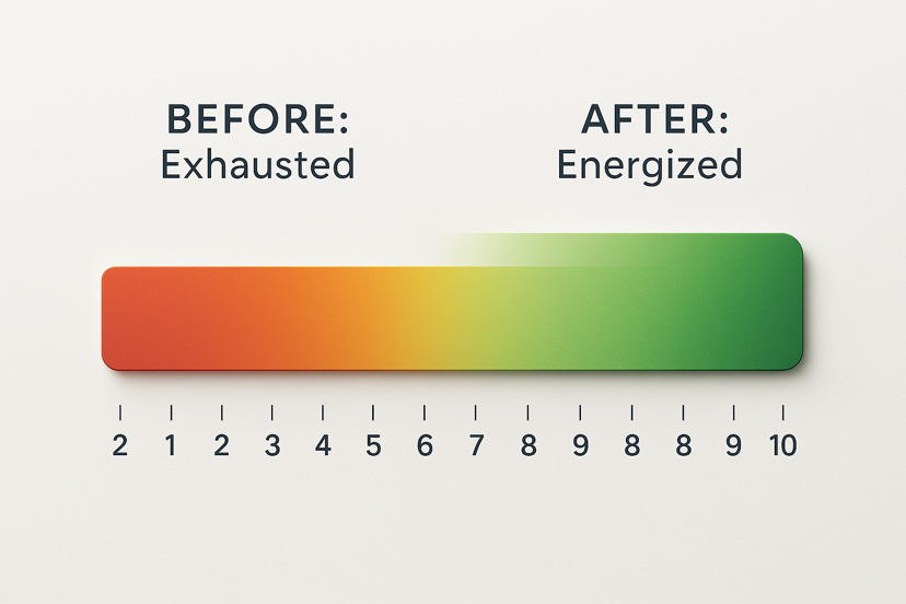 Energy level graph showing Sarah & Linda's improvement over 12 weeks