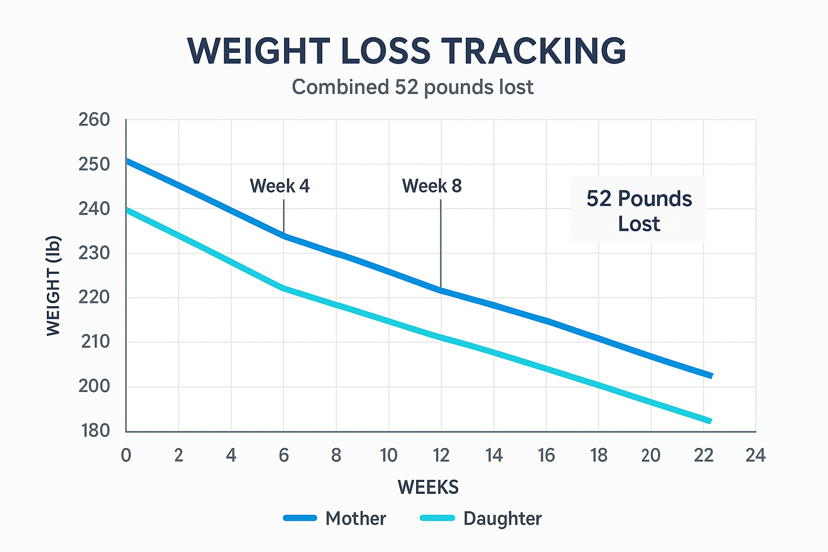 Weight loss chart documenting Emma & Carol's combined 52-pound transformation over 16 weeks